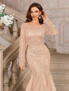 MIUSOL 优雅亮片花卉蕾丝长袖撞色网纱鱼尾正式派对长裙，适合正式晚宴、盛大庆典、婚礼宾客、毕业典礼及其他春季正式场合。 - 香檳色 - 查看 9