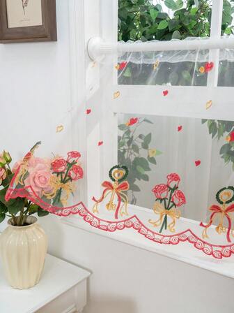 1 pieza Cortina de voile con bordado de rosa, decorativa para varios tamaños y tipos de habitación, adecuada para el Día de San Valentín
