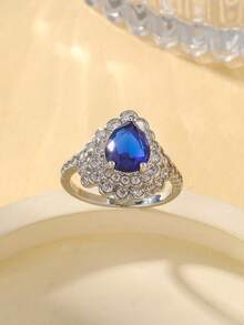 Gift Box Luxury Peacock Blue Cubic Zirconia Ring, Women's Party Jewelry, Copper Material Non-Fading And Hypoallergenic, Ideal Holiday Gift - Silver-sapphire - View 6