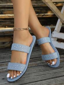 2026 New Arrival Plus Size Roman Style Casual Slide Sandals, Fashion Round Toe Strap Rhinestone Flat Slippers - Blue - View 4