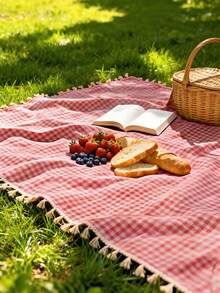 1pc Charming Red & White Plaid Rectangular Picnic Blanket - Ideal For Valentine's Day, Easter Celebrations, Woven Rayon Tablecloth With Tassels, Perfect For Winter Camping, Beach Outings, Photography Backdrop And Picnic Accessory - Red - View 2