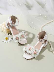 Girls' Lace Flower Pattern Anti-Slip Open Toe Chunky Heel Sandals For Children's Day Cultural Activities - White - View 3