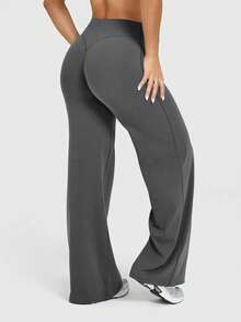 Estos pantalones de yoga de pierna ancha de unicolor son cómodos y estilizadores, adecuados para correr, hacer ejercicio y realizar diversas actividades de yoga. - Gris - Ver 4
