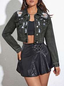 Chaqueta vaquera negra corta, ajustada y rasgada para mujer, ideal para primavera y otoño - Negro - Ver 1
