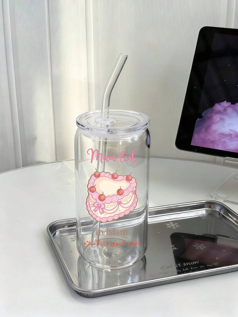 16oz Pink Bow Cake Iced Drink Glass Straw Cup For Girls, Coffee, Matcha, High-Temperature Printed, Washable & Reusable, Tin Can Shaped Glass Straw Cup, Iced/Hot Drink Cup, Best Gift Choice - Multicolor - View 1