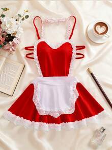 Valentine's Day Surprise Gift 3 Pcs Women's Sexy Lingerie Set Adjustable Straps Lace-Panel Halter Dress & Lace Choker & Solid-Color Apron Comfortable Homewear Cosplay Uniform Set