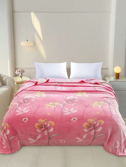 1 Paquete 200*220CM De Frazada De Felpa De Coral Con Estampado De Flores Y Hierba,Adecuada Para Sofá, Dormitorio, Sala De Estar, Confort Total, Uso En Viajes, Manta Para Siesta, Imagen De Referencia De Tamaño, Lavable A Máquina