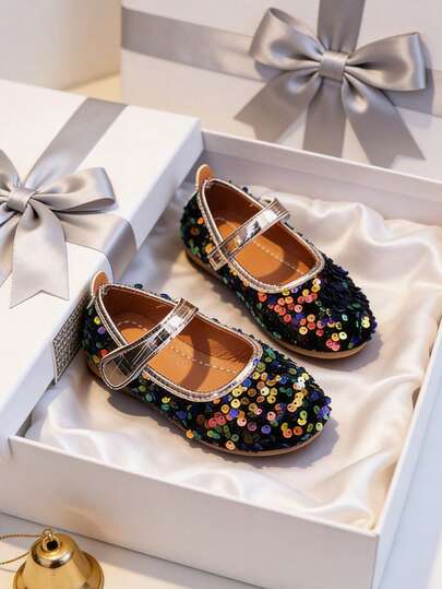 1 Pair Fashionable Sequin Mary Jane Shoes For Girls, Suitable For Daily Wear, Performances, Piano Recitals