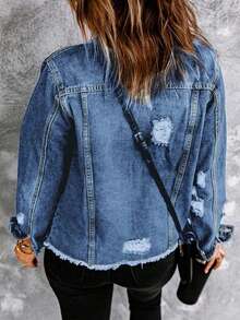 chamarra de mezclilla mujer Chamarra Denim Cazadoras Mezclilla Abrigos Vaqueros Azul Manga Larga Botones aplicaciones manga larga solapa bolsillos Chaqueta vaquera corta con dobladillo de manga larga para mujer - Azul claro - Ver 5