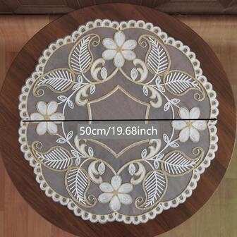 1PC Gray Silver And Gold Round Placemat Center Mesh Fabric With Exquisite 3D Lace Floral Embroidery And Fine Knitted Lace, Suitable For Various Holiday Table Decorations
