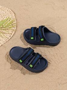 1 Pair Summer Outdoor New Soft & Durable EVA Casual Slippers, Unisex Kids Toddlers, Woven Strap Hook And Loop, Minimalist Fashion Beach Holiday Sandals - Blue - View 3