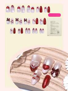 10片心形亚克力美甲贴纸，猫眼全息中号杏仁形按压式美甲贴片，法式红色人造美甲套装，3D樱桃/蝴蝶结装饰配件，适合美甲沙龙、女孩和女士日常佩戴、节日、派对和送礼。 - 彩色 - 查看 2