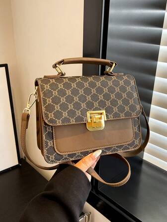 1 pieza Bolso de mano de PU a cuadros multicolor con correa para el hombro, cierre con hebilla, de moda y versátil para uso diario de las mujeres