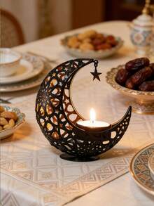 新月形烛台，伊斯兰风格锻铁空心烛台装饰，阿拉伯风格桌面烛台，奢华浪漫婚礼装饰，桌面装饰，空心香炉，家居装饰，手工艺品，烛台