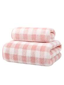 2pcs/Set Soft & Absorbent Plaid Coral Fleece Baby Towel & Bath Towel Set, Family Pack - Pink - View 7