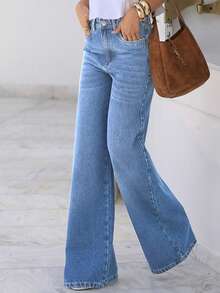 Quần jeans nữ ống đứng dáng rộng có túi, thích hợp cho mùa xuân hè. Thiết kế đơn giản, thoải mái, phong cách bohemian thanh lịch, lý tưởng cho trang phục hàng ngày và dự tiệc. - Màu xanh nhạt - Xem 4