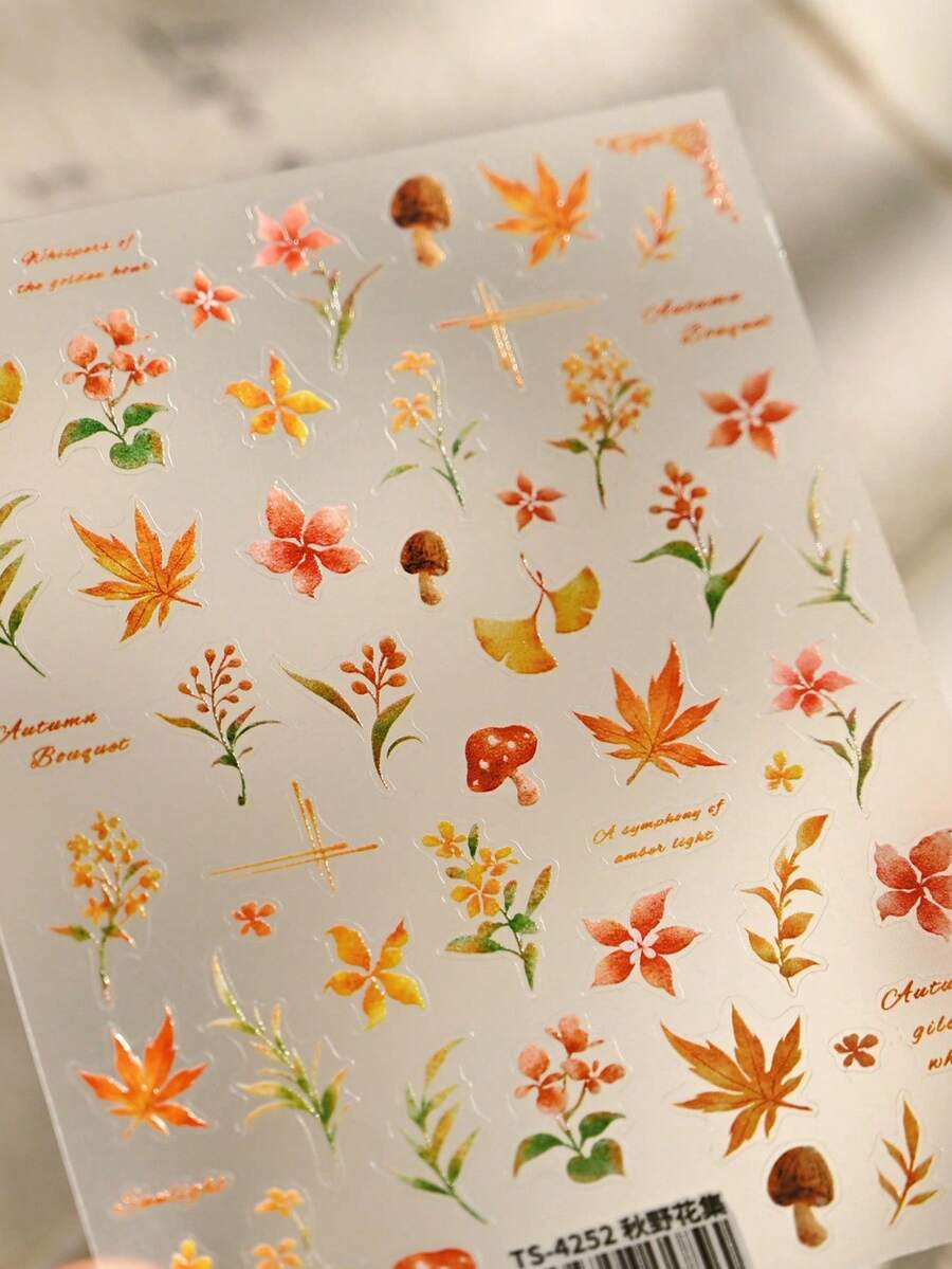1件秋冬枫叶银杏叶蘑菇百合野花秋季花卉系列盛开花瓣5D美甲贴纸自粘按压式美甲贴，适合女性日常佩戴，自然灵感美甲装饰，感恩节假日活动 - 彩色 - 查看 1