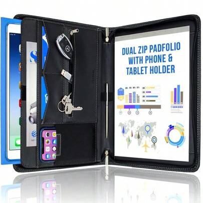 Zippered Padfolio Portfolio Binder, Interview Resume Document Organizer. Internal Holders For IPad Tablet Up To 1...