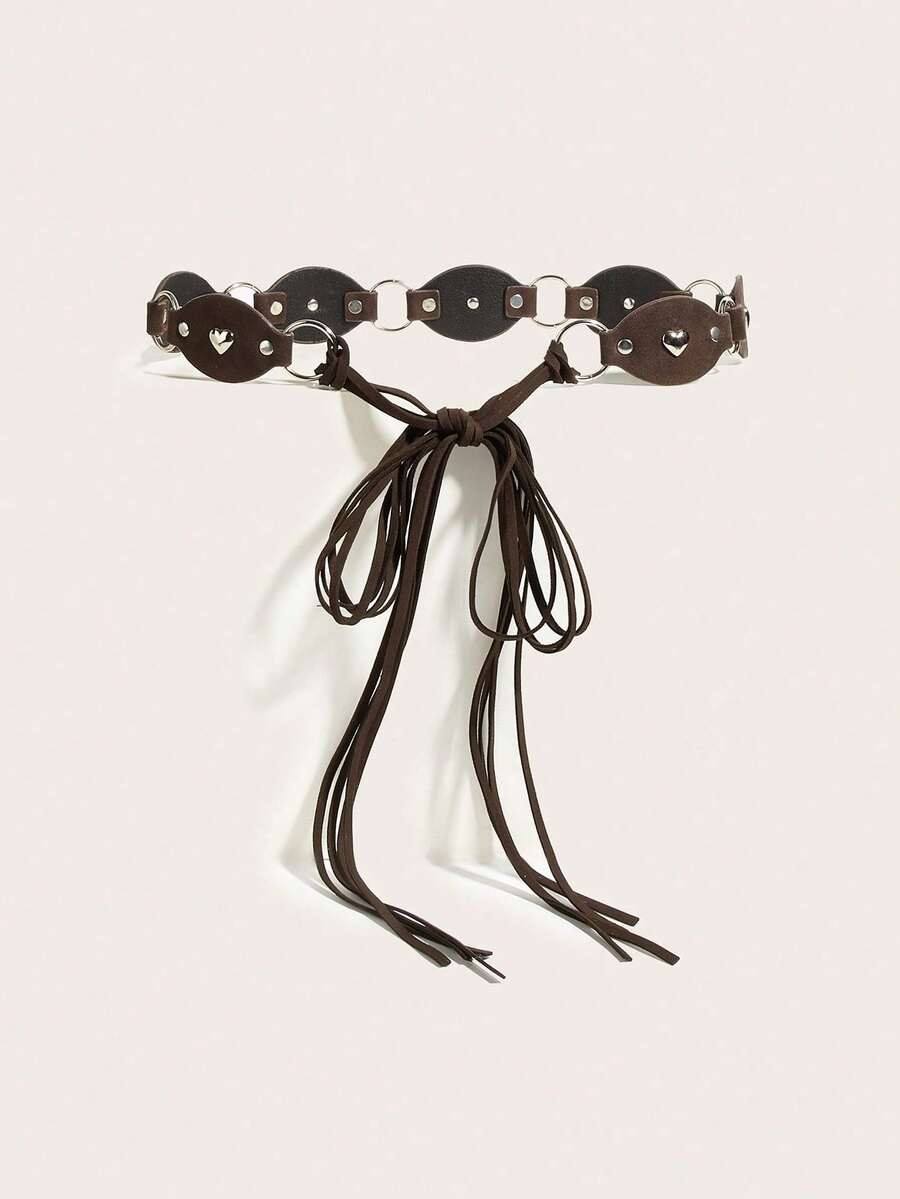 1条女士腰带，Y2K配饰，Y2K腰带，波西米亚西部风格咖啡色爱心铆钉拼接流苏打结腰带，适合搭配裙子、裤子，日常穿着，派对，音乐节，情人节礼物，节日礼物，生日礼物 - F - 查看 1