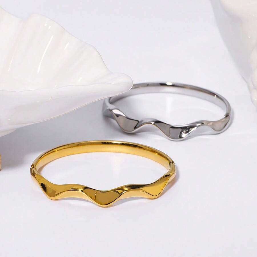 1件装不锈钢时尚波浪纹百搭简约铰链手镯，适合作为情人节礼物 - 波浪紋手鐲 - 查看 1