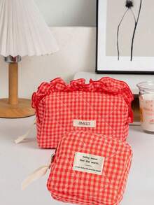 1pc Berry Color Lace Large Capacity Portable Cosmetic Bag With Zipper Closure, Suitable For Storing Lipstick, Makeup Brushes, Skincare Products, Phone, Coins, Small Items, For Home, Travel, Vacation, Wedding, Bridesmaid Gift, Mother's Gift, Birthday Gift, Cruise Essential, Christmas Gift, Makeup Bag, Travel, Women Travel Essential Gift, Cosmetic Bag - Multicolor - View 24