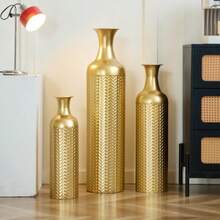 Set Of 3 Large Gold Floor Vases - Decorative Floor Vases With Textured Pattern (50/66/83 Cm) Tall Metal Planters, Decorative Vases For Living Room And Hallway In Vintage Design - Gold - View 9