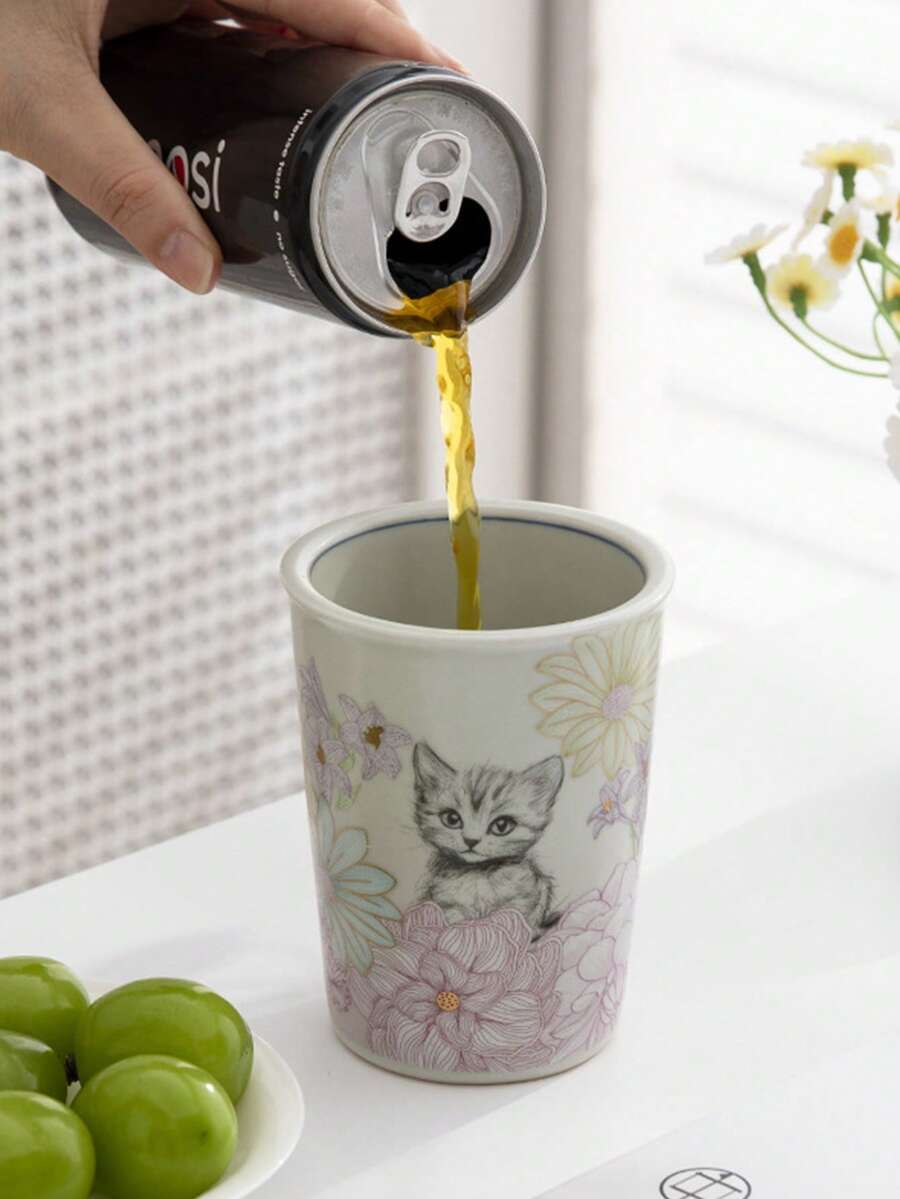 1个优质陶瓷可乐杯，创意可爱猫咪图案马克杯，适合家庭聚会、毕业派对、咖啡杯、牛奶杯、水杯、漱口杯，300毫升个人使用，中国茶具套装 - 彩色 - 查看 1