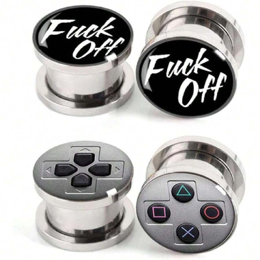 Stainless Steel Ear Gauges Plug Game Console And F**K Off Tunnel Stretching Expander Body Piercing Jewelry 4 Pieces Set 2G-1",36709653 - Màu Đỏ Sâu - Xem 1