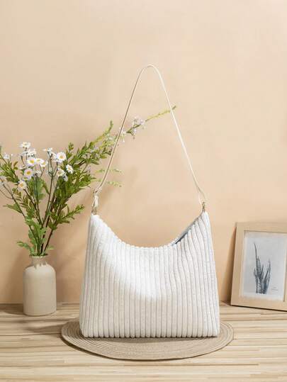 1pc Solid Color Plush Striped Crescent Handbag, Large Capacity Shoulder Bag, Plush Bag Suitable For Travel, Shopping, Dating, Women's Gift, Suitable For Women, Female College Students, Work, Commuting, Outdoor, Travel