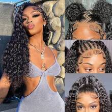 Hidden Strap 360 Full Lace Front Wigs Human Hair 250 Density Invisible Strap Deep Wave Lace Front Wigs Human Hair Pre Plucked Bleached Konts Deep Wave HD Lace Frontal Wig With Drawstring Natural Hairline 360 Glueless Curly Human Hair Wigs With Baby Hair - Natural Black - View 8