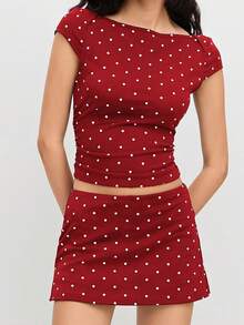 Women 2  Pcs Set Chic Polka Dot Crop Top + A-Line Mini Skirt Lined With Prevent Loss Of Lightbody-Hugging Fit For Casual Outings  Parties‌ Vacation Outfits Women - Đỏ - Xem 2