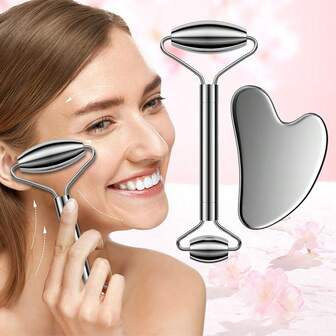 Set de 1/2 piezas de rodillo facial y Gua Sha de acero inoxidable - Rodillo facial de metal, Gua Sha de metal, herramientas de masaje facial para reducir la hinchazón, el drenaje linfático, la tensión facial, masajeadores faciales para el cuidado de la piel