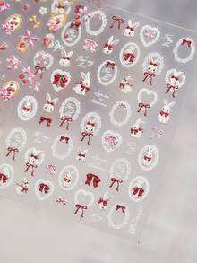 1个红色蝴蝶结小兔子压花蕾丝爱心可爱兔子5D美甲贴纸自粘按压式美甲贴，适合女性美甲装饰，情人节日常派对礼物美甲用品 - 彩色 - 查看 9