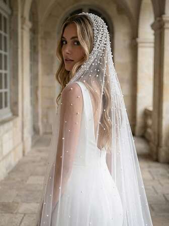 1pc 3m*3m Pearl Bridal Veil With Comb, French Style For Wedding Dress, Mantilla Veil Suitable For Western Church Wedding