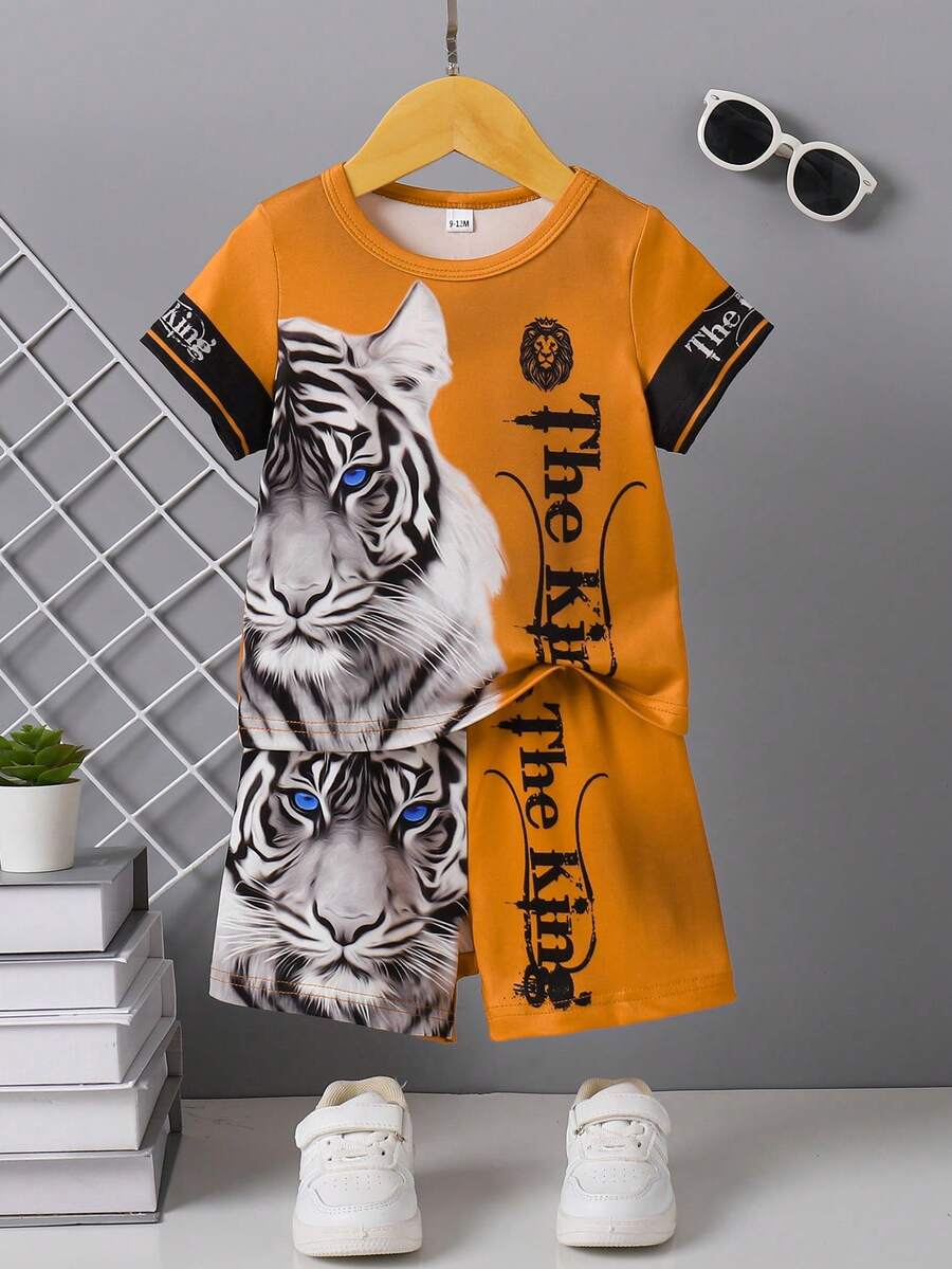 Toddler Boys' Casual Animal & Letter Print Round Neck Short Sleeve T-Shirt And Shorts Set, Summer - Brown - View 1