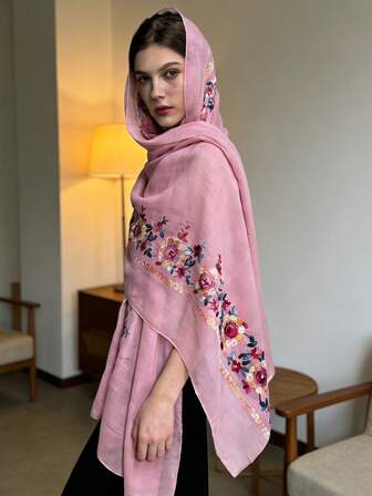 1pc Plus Size Embroidered Women Scarf, Soft & Fashionable, Versatile For Daily Wear, Travel, Decoration, Sun Protection