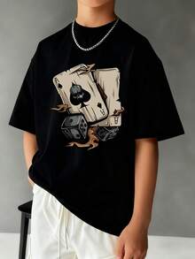 1pc Boys' Casual Poker & Dice English Letter Print Round Neck Short Sleeve T-Shirt, Summer Student Youth Clothing