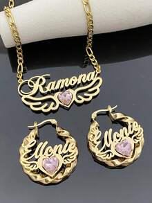 1set 3/7cm Earring+Necklace Set, 12 Birthstone Inlay Style Set, Fashionable Jewelry, Customizable Names, Valentine's Day Styles, Jewelry Set, Birthday Gift - Style 2 - View 7