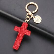 1pc Minimalist Rhinestone Cross Keychain – Sparkling Cross-Shaped Pendant With Creative Design, Phone & Earphone Charm, Bag Accessory, Halloween Car Accessories, School Cute Goth Y2K Style Key Ring Gift For Women & Men - 粉色 - 查看 4