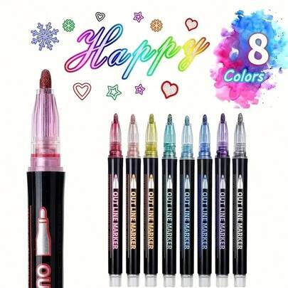 24 Colores Marcadores de Contorno Metálicos, Set de Bolígrafos de Pincel Brillante, Suministros de Arte para Bocetos, Regalo de Navidad, Regalo de Regreso a Clases