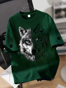 一件装狼头图案青少年T恤，男童款，爪印印花上衣，春夏校园日常穿着 - 墨綠色 - 查看 1
