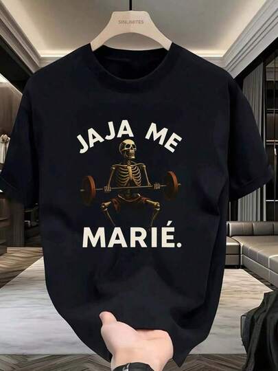 Camiseta de gimnasio divertida para hombres - Camiseta negra con gráfico de esqueleto levantando pesas y texto "Jaja Me Marie" - Camiseta de entrenamiento resistente para gimnasio, ropa de calle - Lavable a máquina, ajuste regular, camiseta de manga corta - de ropa de fitness para hombres, camisetas de gimnasio, ropa de calle casual, cuello redondo casual, impresión gráfica en negrita