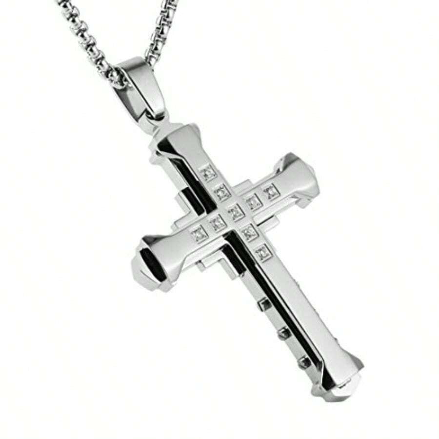 HZMAN Religion - Collar grande de acero inoxidable bizancio con circonita cúa para hombre cadena de 22 + 2 pulgadas Acero inoxidable Circonia cúa - como en la foto - Ver 1