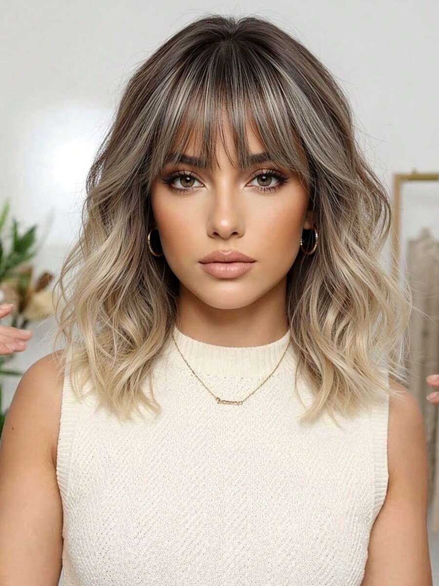 14英寸渐变金色波浪假发，女士卷曲波浪假发带刘海，短款耐热合成假发，适合派对装扮和日常佩戴，色彩缤纷