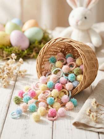 50pcs "Bunny Tail" Plush Ball Hair Scrunchies - Super Soft Seamless Painless Girls Hair Ties - Macaron Colors Easter Gifts & Back To School Essentials