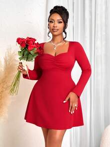 BIUBIU Váy chữ A mini dáng ôm thanh lịch cỡ lớn dành cho nữ - Cổ vuông, tay dài, thắt eo, phù hợp cho mùa xuân/thu/đông, ngày lễ tình nhân, hẹn hò, đi làm và tiệc cưới - Đỏ - Xem 6