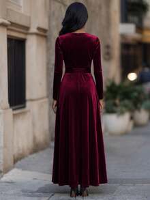 女士纯色圣诞优雅复古派对系带蝴蝶结丝绒连衣裙，秋冬季，适合节日、婚礼、正式晚宴、约会、生日派对、花园派对、拍照、情人节、新年等场合。 - 酒紅色 - 查看 3