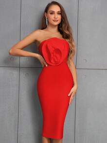 红色3D立体花卉前开衩无肩带拉链后开衩中长修身绷带连衣裙 - 紅色 - 查看 4