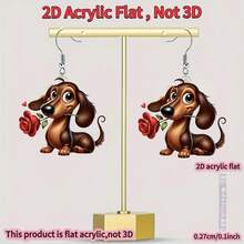 一对2D亚克力可爱卡通玫瑰花和小狗耳环，适合女性日常佩戴，完美的情人节礼物