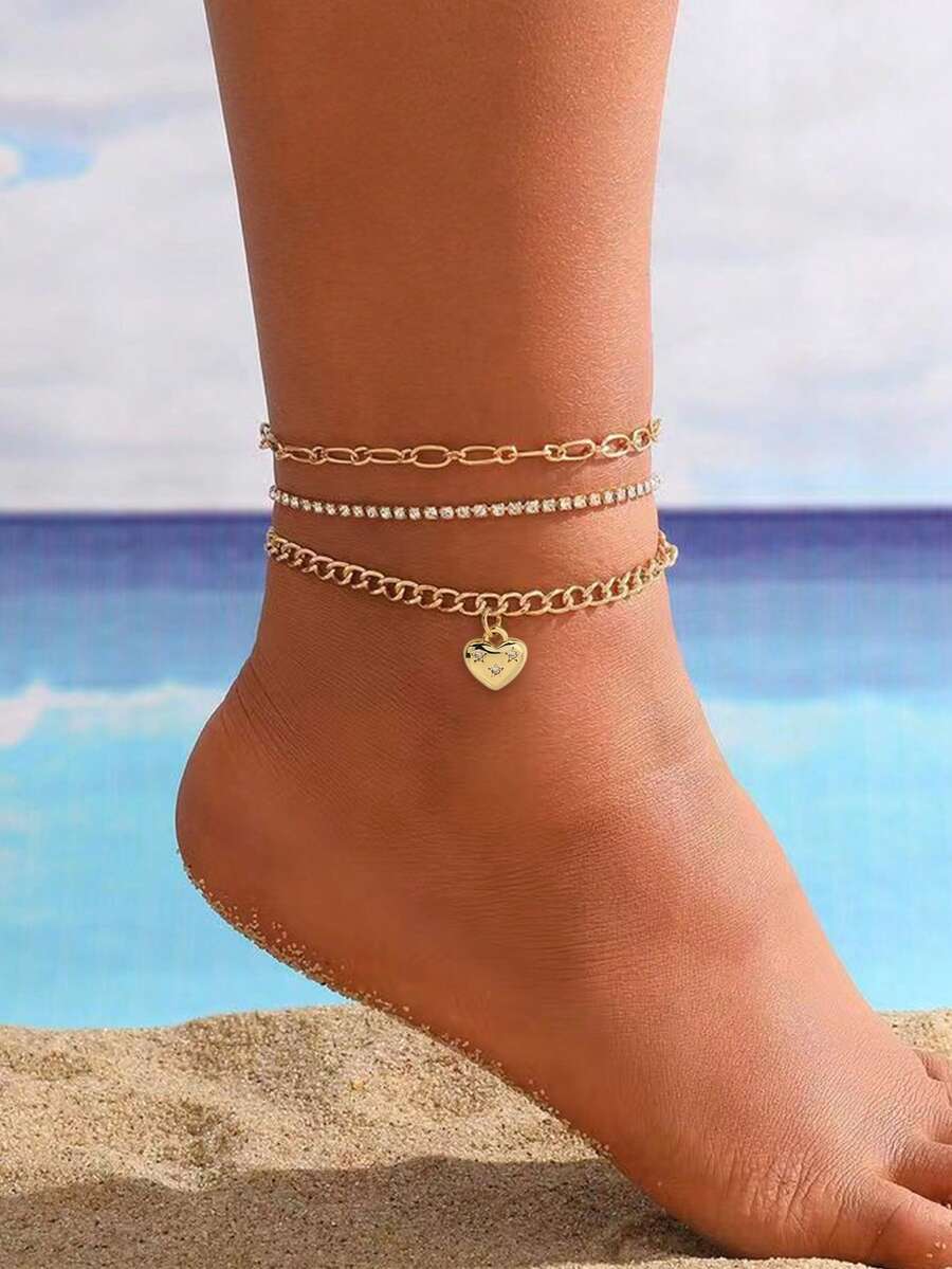 Nooxian 3件套脚链：金色链条配小吊坠 + 多层简约休闲金色链条，层叠闪亮锆石心形吊坠，多层脚链首饰，女士礼物（链条环数量随机） - 金黃色 - 查看 1